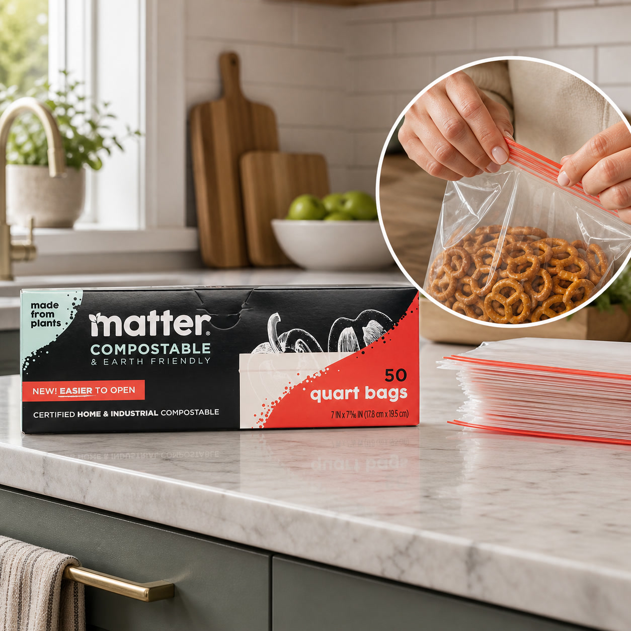 Food Prep Snacks - 50枚入りの堆肥化可能なクォート保存袋、植物由来の漏れ防止食品袋、キッチンのスナックや食事の準備に最適