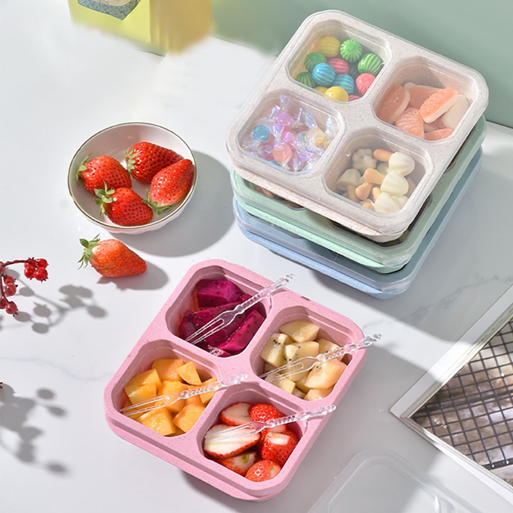 Food Prep Snacks - 1個入り 再利用可能な小麦ストロー素材 4仕切り付きフードコンテナ 蓋付きスナックボックス ナッツ、キャンディ、点心、ランチ、食事の準備に