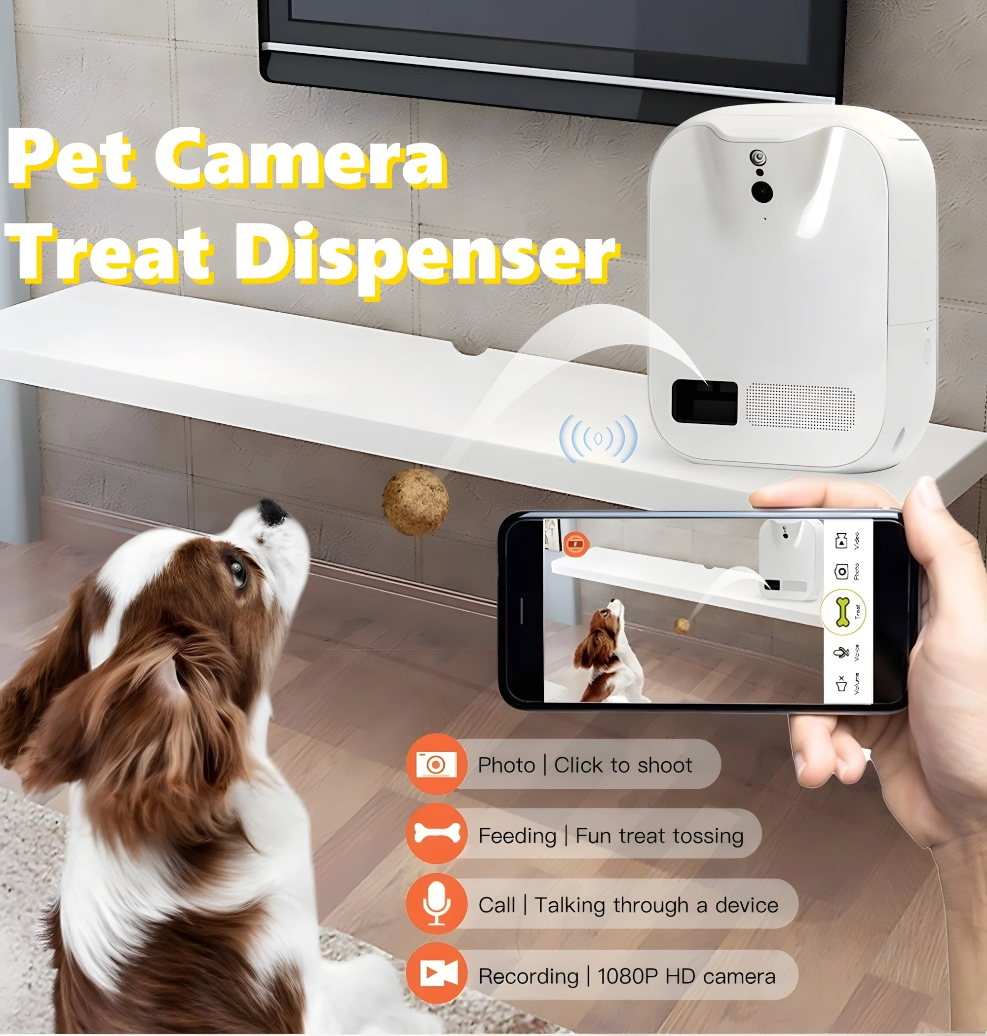 Snacks Food Video - スマートペット給餌カメラ、APP制御、双方向オーディオリアルタイムビデオ監視、ペット監視カメラ、スナックを投げるため